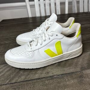 Veja White and Neon Yellow Athletic Shoes